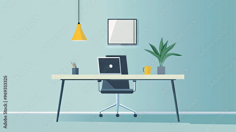 Minimalist office space with a desk, chair, and a laptop, ready for a day of work, no one around. Minimalist office space with a desk, chair, and a laptop, ready for a day of work, no one around.
