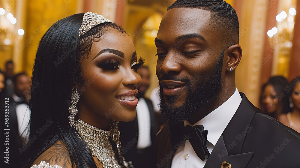 Elegant Couple Sharing a Joyful Moment During a Lavish Evening Event in a Beautifully Decorated Ballroom Elegant Couple Sharing a Joyful Moment During a Lavish Evening Event in a Beautifully Decorated Ballroom