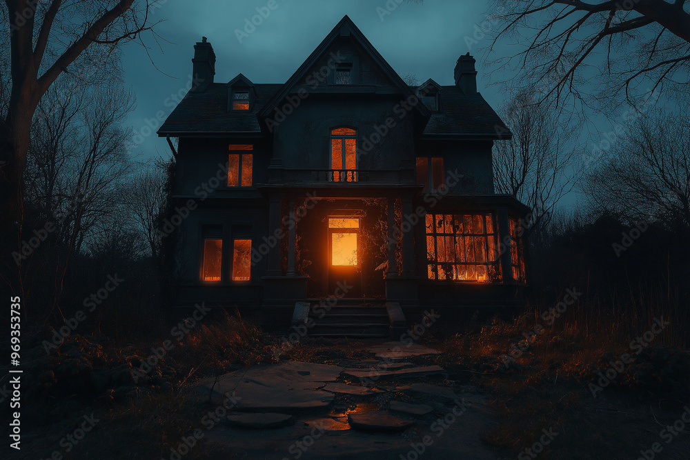 A creepy house with a light on the front door A creepy house with a light on the front door