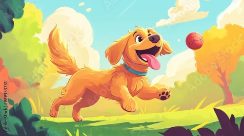 A playful cartoon dog chasing a ball in a colorful park, tongue out and tail wagging, with a bright sky in the background. photo