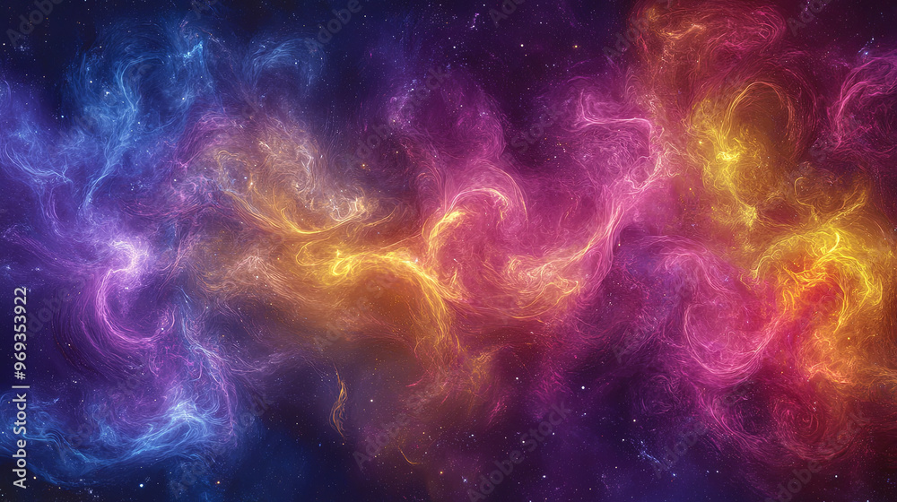 A Vibrant Cosmic Nebula Swirling With Bright Hues of Pink, Blue, Yellow, and Purple Against a Vast Starry Backdrop A Vibrant Cosmic Nebula Swirling With Bright Hues of Pink, Blue, Yellow, and Purple Against a Vast Starry Backdrop