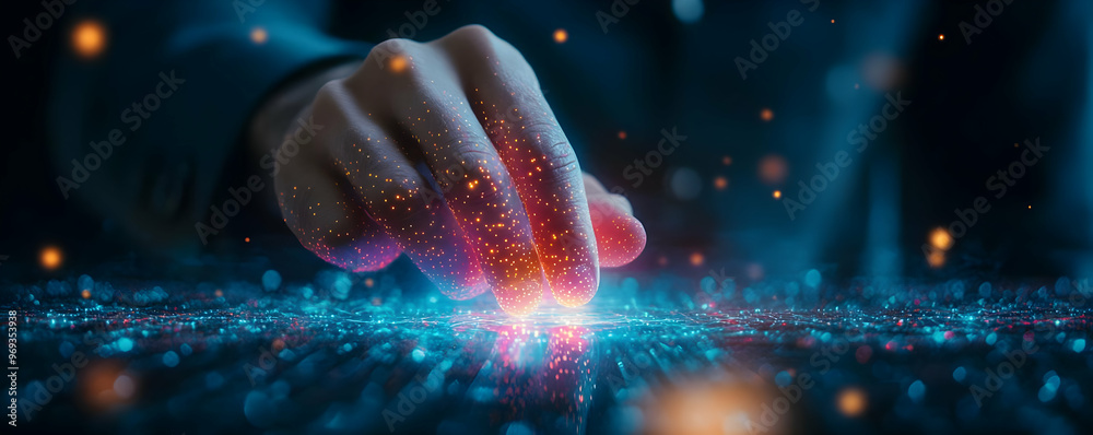 Abstract Digital Technology Background - Hand Interacting With Futuristic Data Network Abstract Digital Technology Background - Hand Interacting With Futuristic Data Network