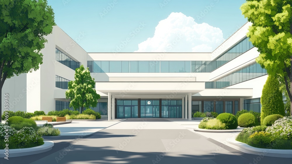Fototapeta premium Modern hospital building with clean lines, large windows, and a welcoming entrance.