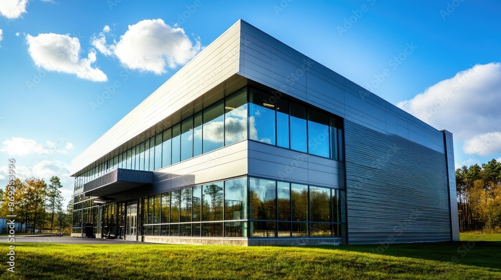 Fototapeta premium Modern industrial building with sleek lines, large windows, and metallic exterior.