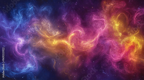 A Vibrant Cosmic Nebula Swirling With Bright Hues of Pink, Blue, Yellow, and Purple Against a Vast Starry Backdrop