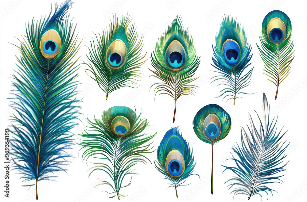 Obraz premium A Collection of Peacock Feather Motifs in Various Patterns for Elegant Decor