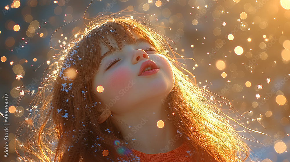 A Young Girl Enjoys Falling Snowflakes on a Bright Winter Day, Basking in Sunlight and Surrounded by a Shimmering Wonderland of Winter Magic A Young Girl Enjoys Falling Snowflakes on a Bright Winter Day, Basking in Sunlight and Surrounded by a Shimmering Wonderland of Winter Magic