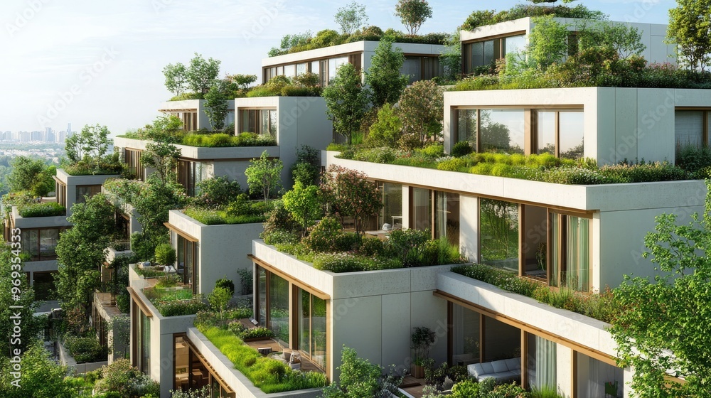 Fototapeta premium Modern residential complex with rooftop gardens and eco-friendly design features.