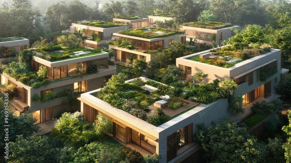 Fototapeta premium Modern residential complex with rooftop gardens and eco-friendly design features.