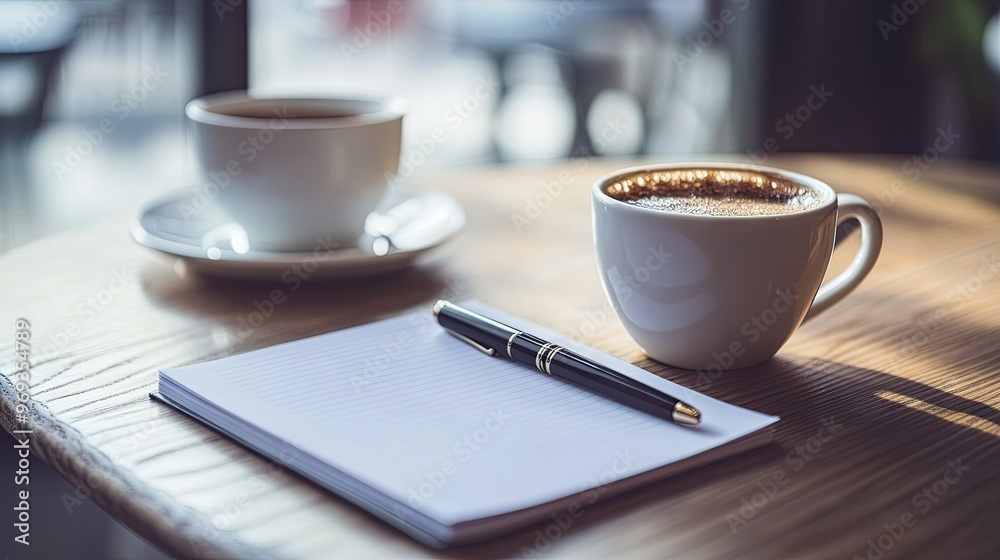 Office desk with a blank notepad, pen, and a cup of coffee, waiting for a business plan to be written. Office desk with a blank notepad, pen, and a cup of coffee, waiting for a business plan to be written.