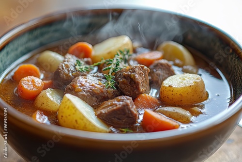 A steaming bowl of beef stew filled with tender meat, potatoes, carrots, and herbs