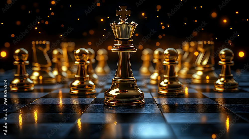 A close-up of a chessboard with golden pieces, highlighting the king in a dramatic setting. A close-up of a chessboard with golden pieces, highlighting the king in a dramatic setting.
