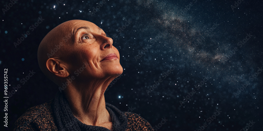 Fototapeta premium Bald New Zealander Woman Stargazing for Breast Cancer Awareness