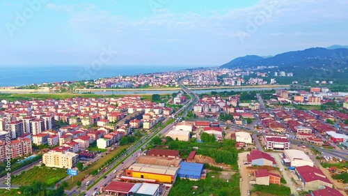 Aerial view a city with a river. photo