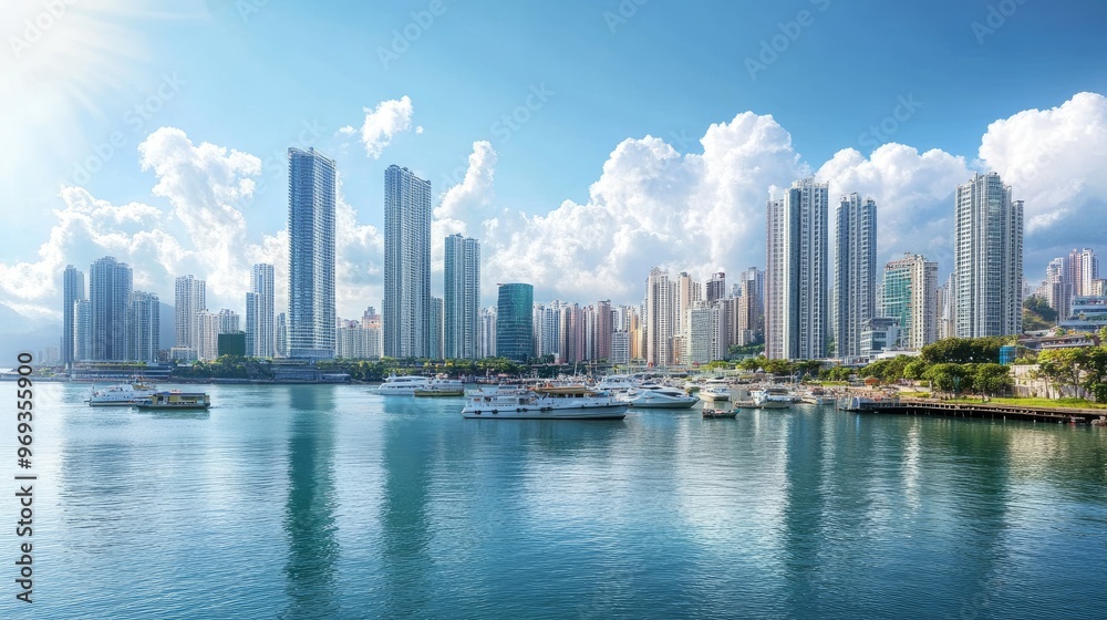 Fototapeta premium Panoramic view of a coastal city with modern high-rises and a bustling harbor.