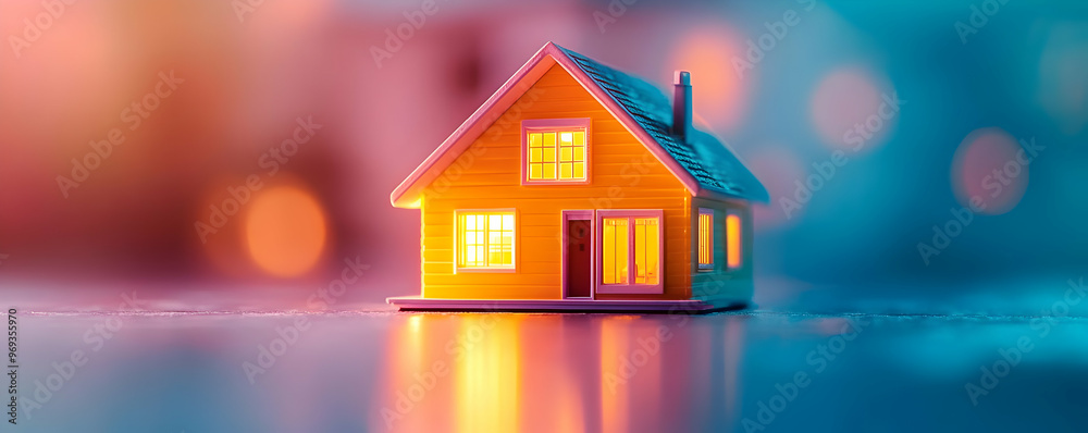 Illuminated Model House on Abstract Background Illuminated Model House on Abstract Background