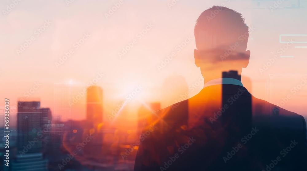 Fototapeta premium A double exposure a silhouette of a suited businessman overlooking a sunset city skyline, blending warm hues with modern skyscrapers, symbolizing ambition and introspection.