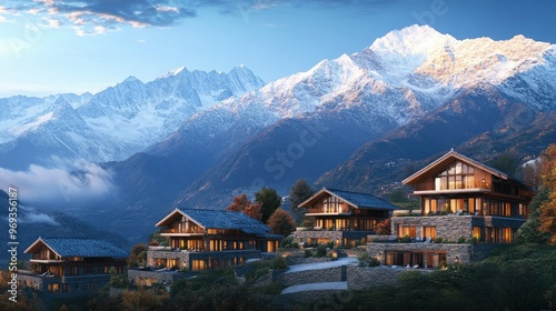 Panoramic view of a mountain resort with luxurious villas and snow-capped peaks in the background.