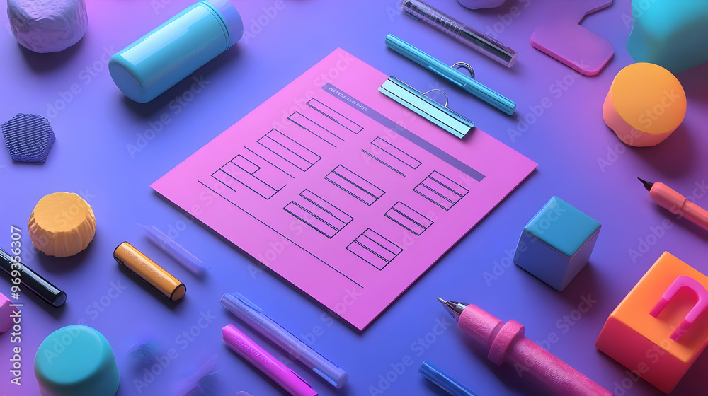 Abstract 3D Illustration of a Pink Checklist with Colorful Stationery on a Blue and Purple Background