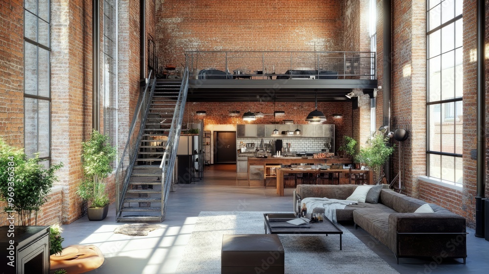 Renovated warehouse converted into a stylish loft apartment with exposed brick walls. Renovated warehouse converted into a stylish loft apartment with exposed brick walls.