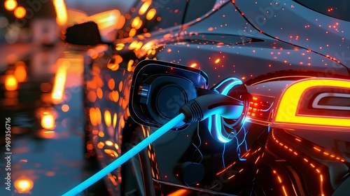 Close-up of an electric car charging, with vibrant blue and orange lights illuminating the scene and visible energy flow lines. The futuristic look suggests an electric vehicle being charged photo