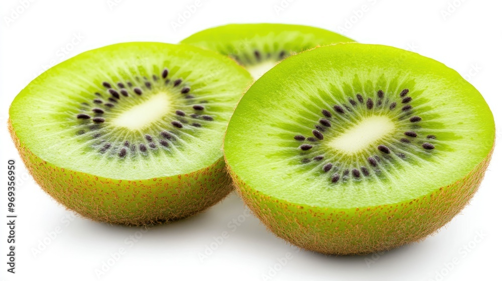 Sliced kiwi fruit showing its vibrant green flesh and black seeds, isolated on a white background. Sliced kiwi fruit showing its vibrant green flesh and black seeds, isolated on a white background.
