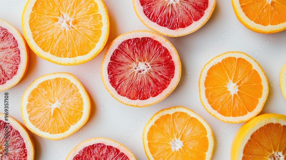Sliced orange and grapefruit arranged in a circular pattern on a white background, showcasing their bright colors. Sliced orange and grapefruit arranged in a circular pattern on a white background, showcasing their bright colors.