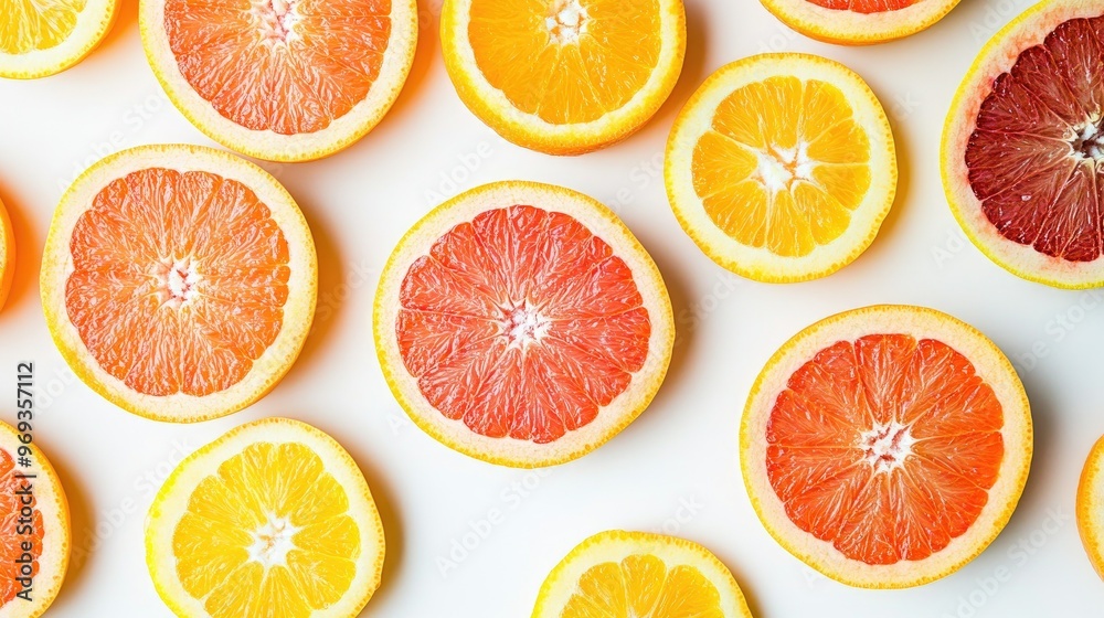 Sliced orange and grapefruit arranged in a circular pattern on a white background, showcasing their bright colors. Sliced orange and grapefruit arranged in a circular pattern on a white background, showcasing their bright colors.