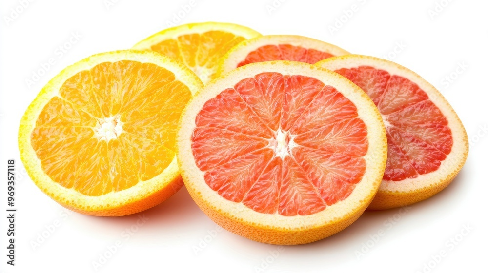Sliced orange and grapefruit arranged in a circular pattern on a white background, showcasing their bright colors. Sliced orange and grapefruit arranged in a circular pattern on a white background, showcasing their bright colors.