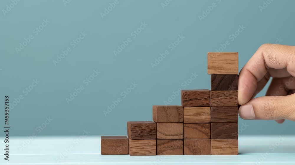 Hand building a staircase of wooden blocks against a blue background. Hand building a staircase of wooden blocks against a blue background.