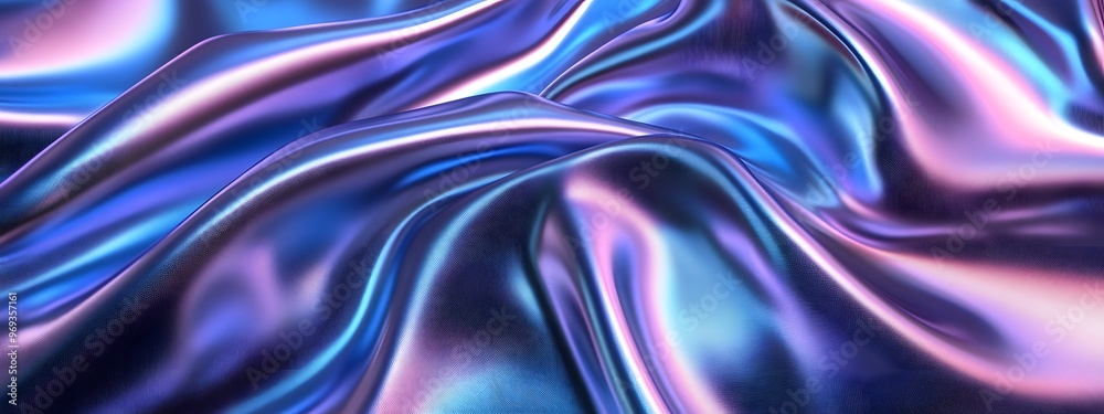 Fototapeta premium Iridescent silver, blue, and purple wavy cloth, shiny and glossy