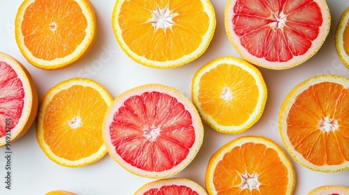 Sliced orange and grapefruit arranged in a circular pattern on a white background, showcasing their bright colors.