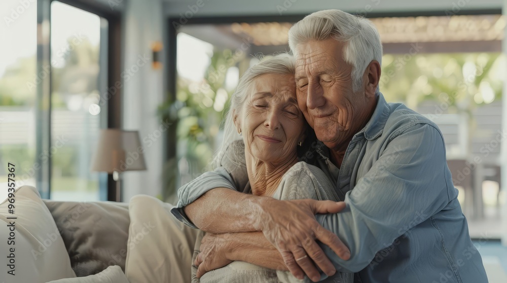 A loving senior couple hugging and enjoying their retirement at home, cherishing their bond, with copy space A loving senior couple hugging and enjoying their retirement at home, cherishing their bond, with copy space