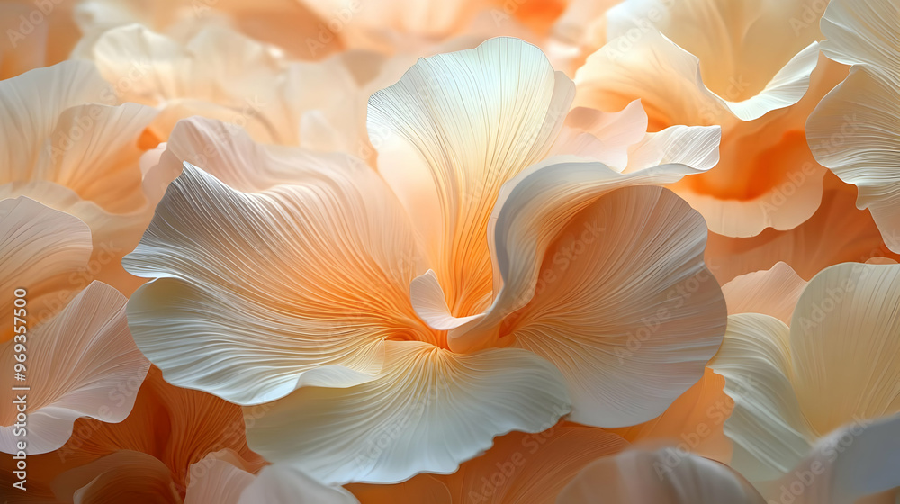 A close-up of delicate, layered flowers in soft peach and cream hues. A close-up of delicate, layered flowers in soft peach and cream hues.
