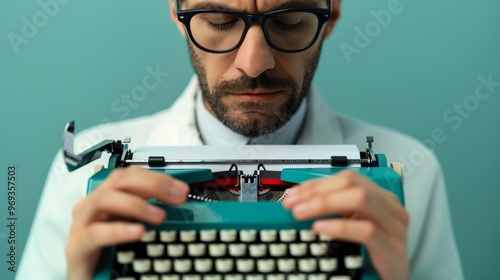 A man with glasses intently types on a vintage typewriter, his brow furrowed in concentration. photo