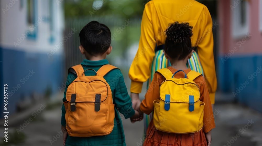 Back view of children with backpacks walking to school Back view of children with backpacks walking to school
