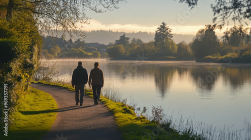 A couple walking along a serene lakeside path at twilight, with the water reflecting the last light of day