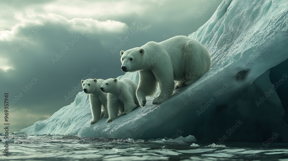 Naklejka premium Polar bear family, mother and baby on snow, melting ice, concept of climate changes
