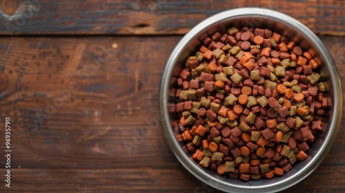 Bowl of dry dog food with a dog in the background