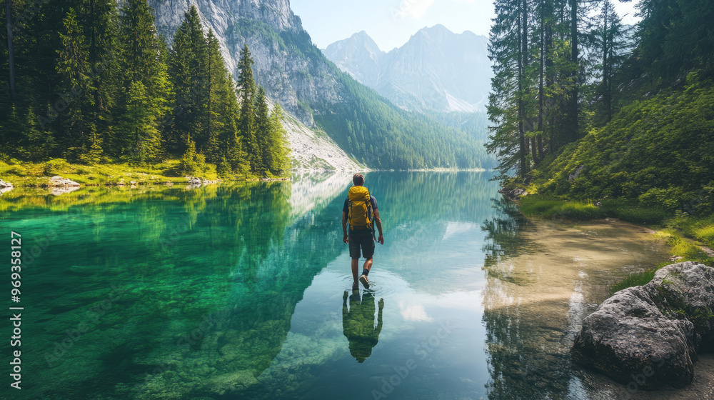 Fototapeta premium A lone hiker exploring a tranquil lakeside trail with clear water reflecting the surrounding nature