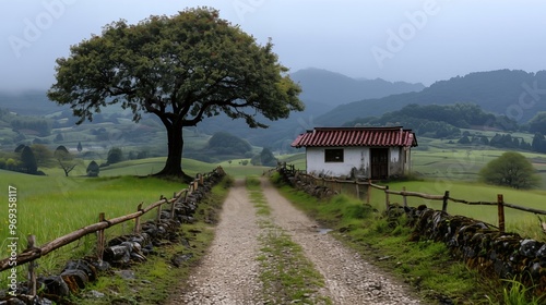 Large tree and lonely farm house on country dirt road pathway winding through lush green fields and distant mountains