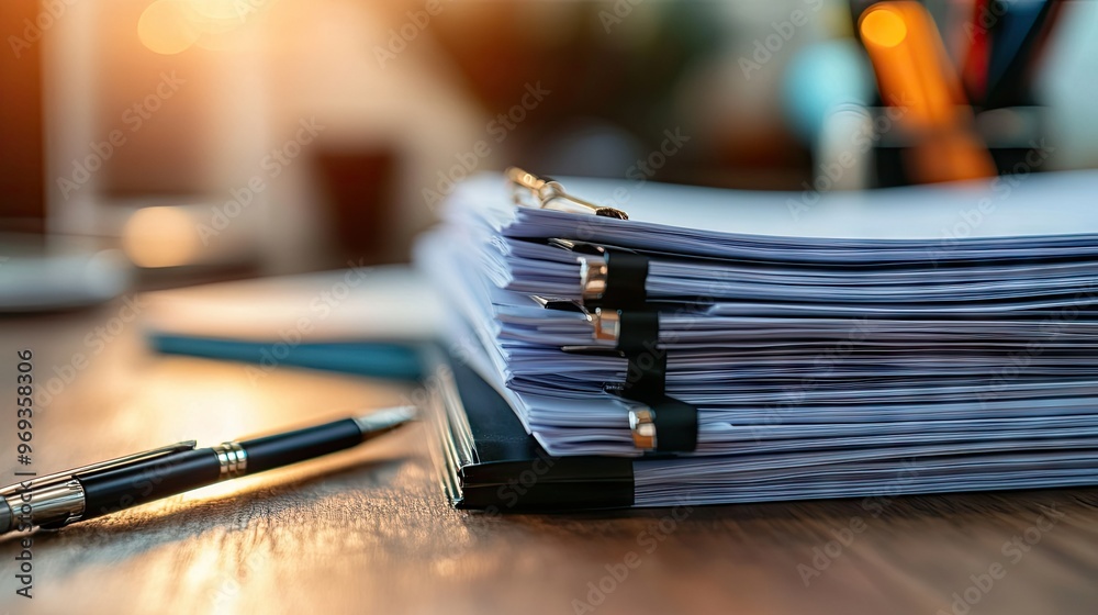 Fototapeta premium Stack of business documents on a desk, neatly organized with a pen beside them. Represents professionalism and preparedness.
