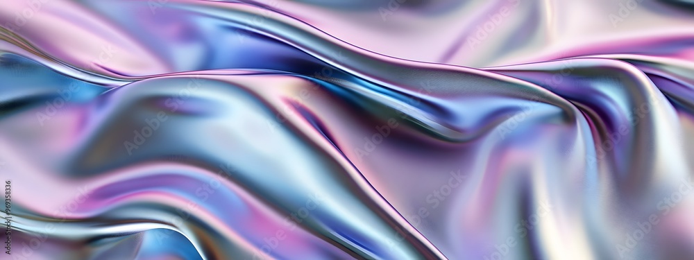 Iridescent silver, blue, and purple wavy cloth, shiny and glossy