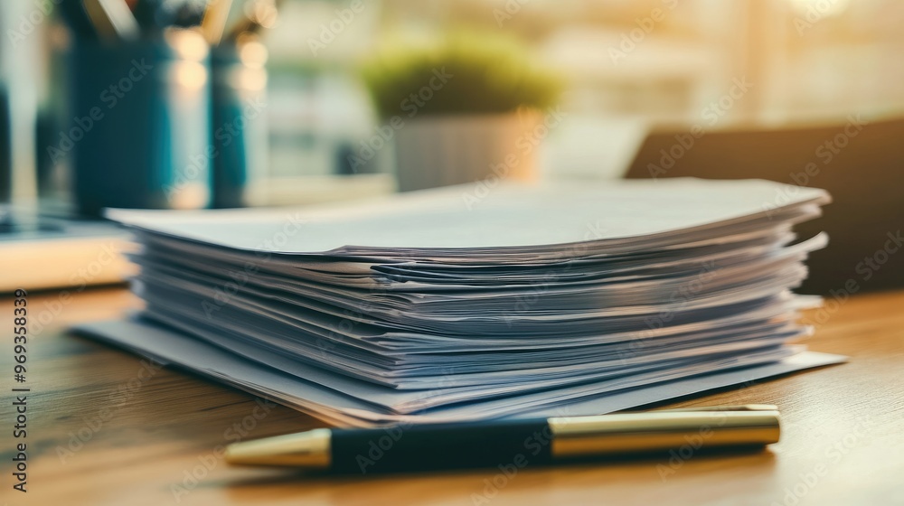 Stack of business documents on a desk, neatly organized with a pen beside them. Represents professionalism and preparedness. Stack of business documents on a desk, neatly organized with a pen beside them. Represents professionalism and preparedness.