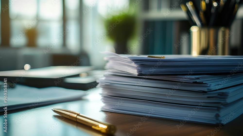 Stack of business documents on a desk, neatly organized with a pen beside them. Represents professionalism and preparedness. Stack of business documents on a desk, neatly organized with a pen beside them. Represents professionalism and preparedness.