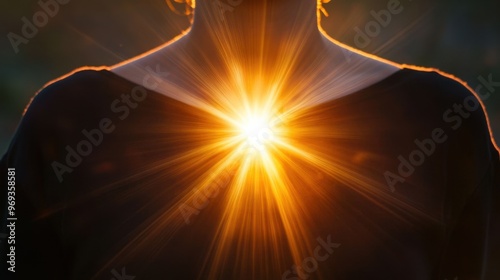 Silhouette of a person with glowing light emanating from the chest, symbolizing inner strength and warmth at sunset.