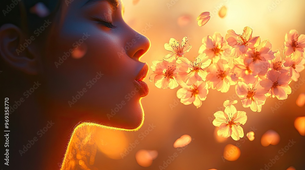 A serene profile of a woman surrounded by floating cherry blossoms at sunset.