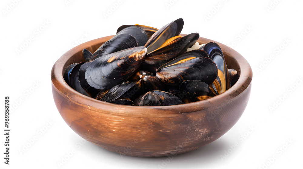 boiled mussels in bowl isolated on white boiled mussels in bowl isolated on white