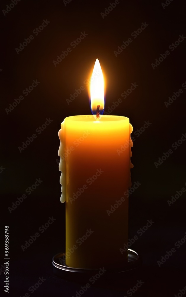 A single yellow candle burning brightly in the dark. The warm glow of the flame provides a serene and peaceful ambiance. A single yellow candle burning brightly in the dark. The warm glow of the flame provides a serene and peaceful ambiance.