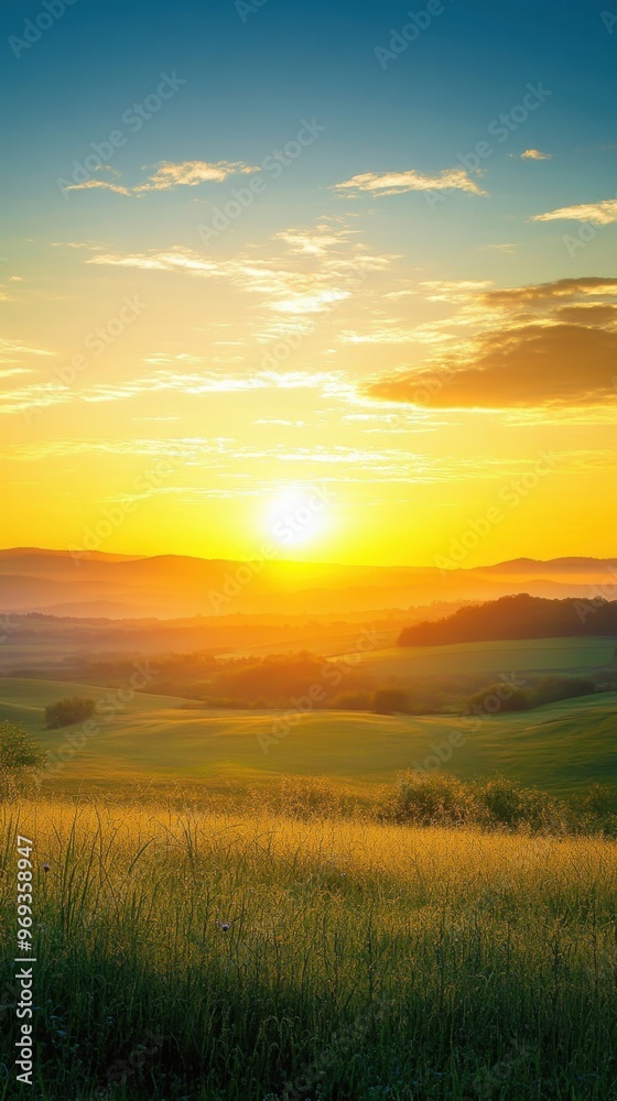 Breathtaking sunrise over rolling green hills with a serene blue sky and scattered clouds, creating a tranquil and picturesque landscape. Breathtaking sunrise over rolling green hills with a serene blue sky and scattered clouds, creating a tranquil and picturesque landscape.